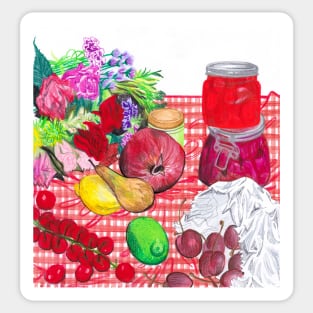 Fruits, Jars, and Flowers on red gingham tablecloth Sticker